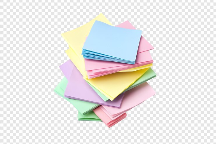 PSD una pila de hojas de papel de colores aisladas sobre un fondo transparente