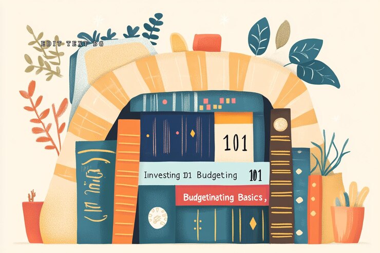PSD pila illustrata di libri di bilancio e di investimento sotto un arco con piante