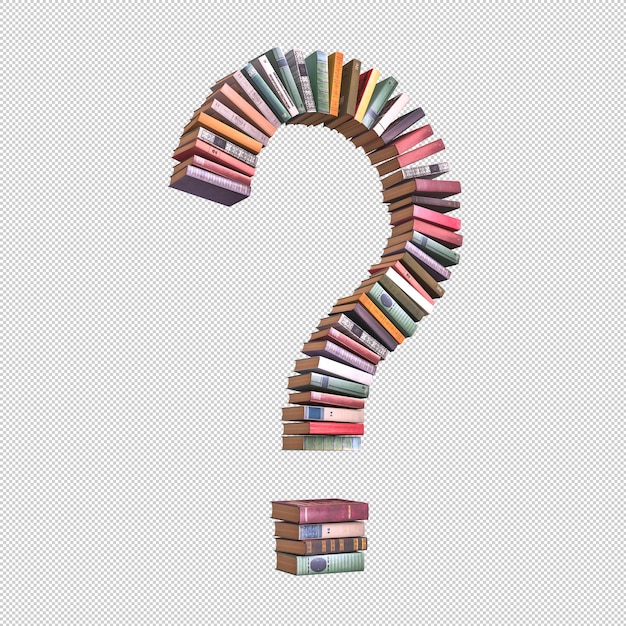 Una pila de libros de colores en forma de signo de interrogación