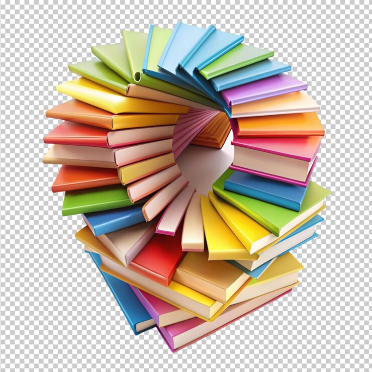 PSD una pila de libros coloridos dispuestos aislados sobre un fondo transparente