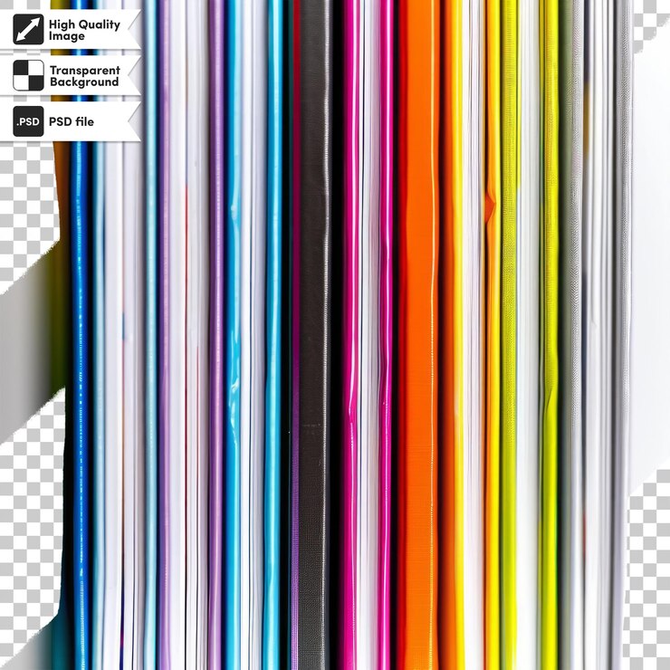 PSD una pila de libros coloridos con una imagen de uno rosa que dice la palabra en él