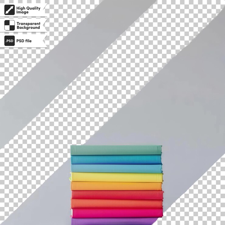 PSD una pila de libros coloridos con una imagen de uno rosa que dice la palabra en él