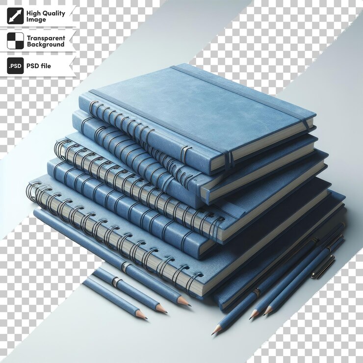 PSD una pila de libros y cuadernos viejos azules en formato psd sobre un fondo transparente