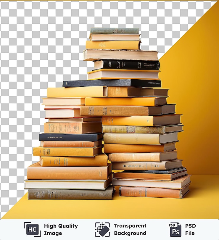 PSD una pila de libros inspiradores en varios colores y estilos, incluidos libros marrones, amarillos, blancos y apilados contra una pared amarilla