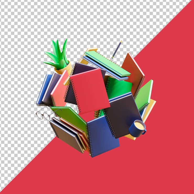 Una pila de libros en PSD que dice la palabra en la parte inferior con fondo transparente