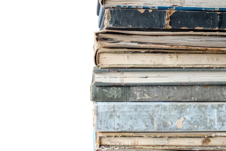 PSD una pila de libros viejos con cubiertas desgastadas aisladas sobre un fondo blanco foto aig57