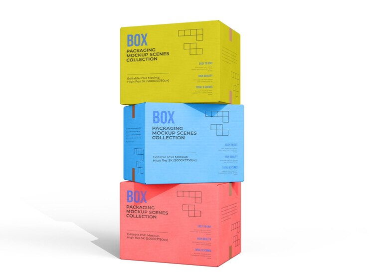 PSD una pila de mockup de cajas coloridas sobre un fondo blanco