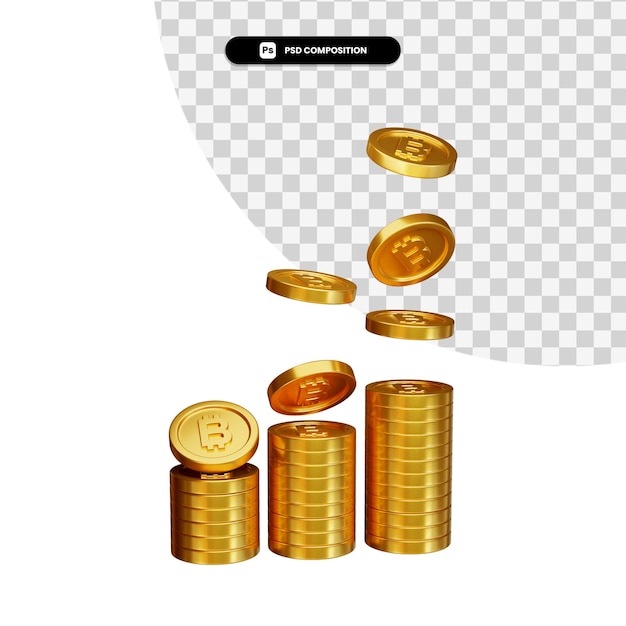 Pila de moneda de oro bitcoin en 3d rendering aislado