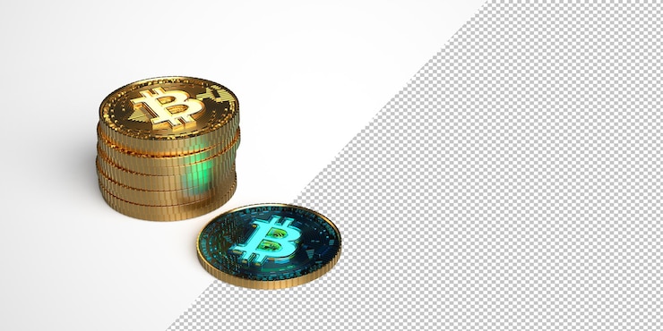 PSD pila de monedas bitcoin azul dorado sobre una maqueta de fondo blanco. ilustración de render 3d.