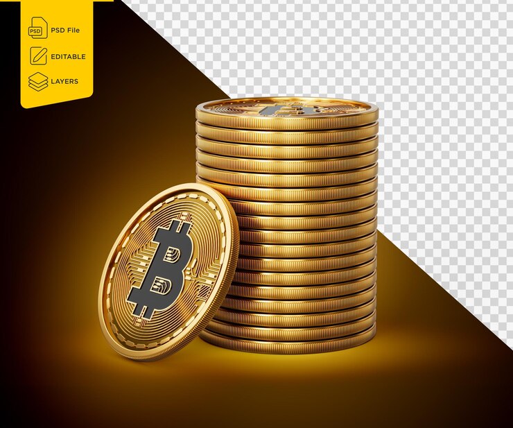 PSD una pila de monedas de bitcoin btc de criptomoneda dorada en un fondo de brillo dorado brillante ilustración en 3d