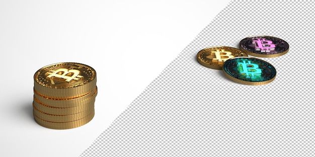 PSD pila de monedas bitcoin doradas y tres bitcoins en una maqueta de fondo blanco. ilustración de render 3d.