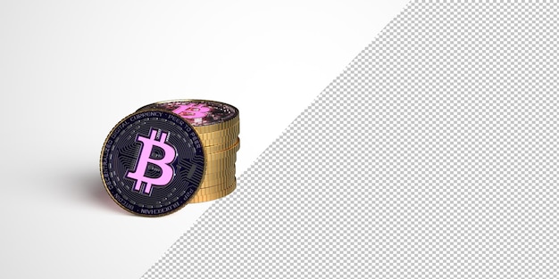 Pila de monedas bitcoin rosa doradas sobre una maqueta de fondo blanco. ilustración de render 3d.