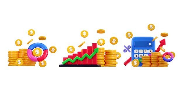 Una pila de monedas con icono de gráfico 3D que representa el concepto de negocio, inversión financiera y economía.