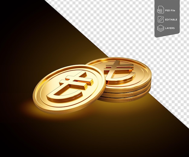 Una pila de monedas redondeadas de lira turca doradas brillantes en un fondo de brillo dorado brillante Ilustración en 3D
