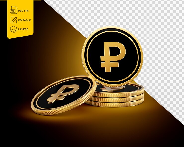 PSD una pila de monedas de rublo ruso doradas y negras en un fondo dorado brillante ilustración 3d