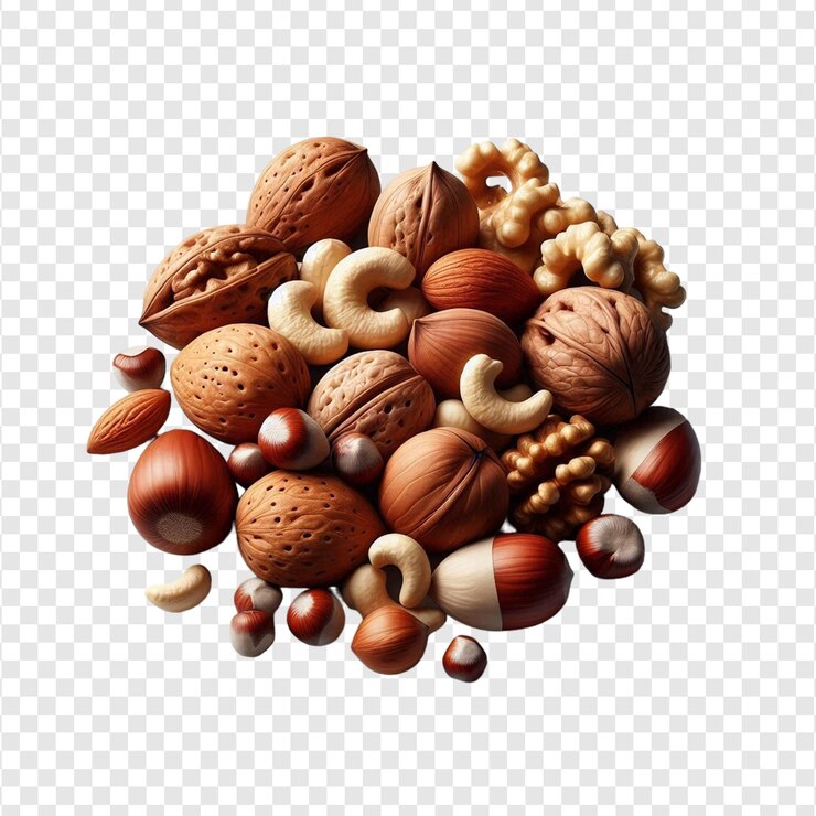 PSD una pila de nueces orgánicas diversas o mezclas de nueces aisladas sobre un fondo transparente