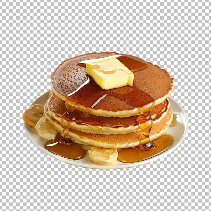 PSD una pila de panqueques con jarabe y mantequilla en un plato sobre un fondo transparente png
