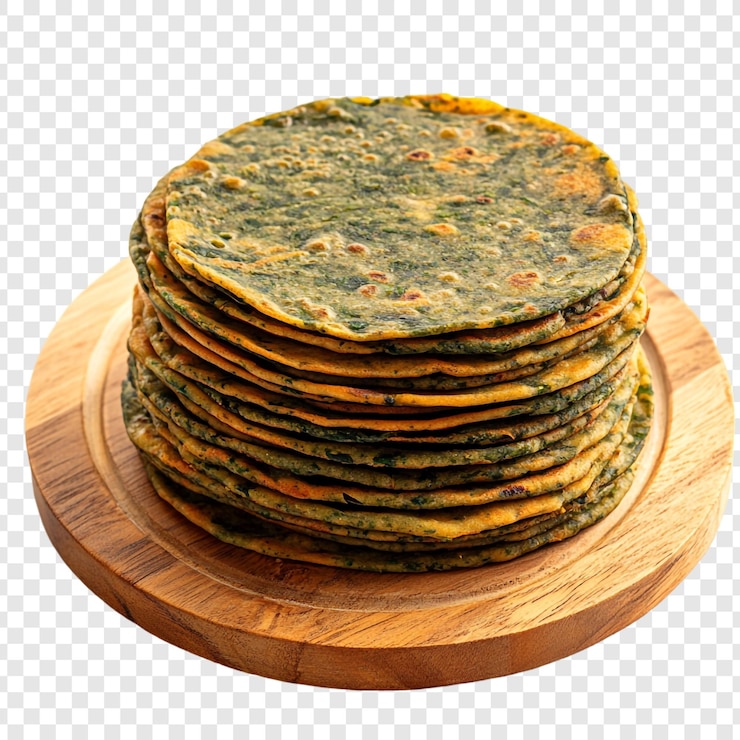 PSD una pila de parathas de espinaca en un plato de madera