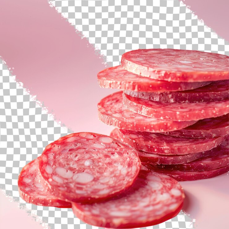 PSD una pila de salame en una mesa con un fondo a cuadros