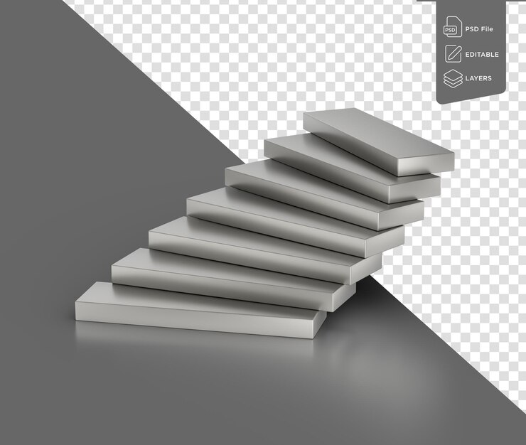 PSD una pila de siete bloques rectangulares metálicos dispuestos en un patrón ascendente ilustración 3d