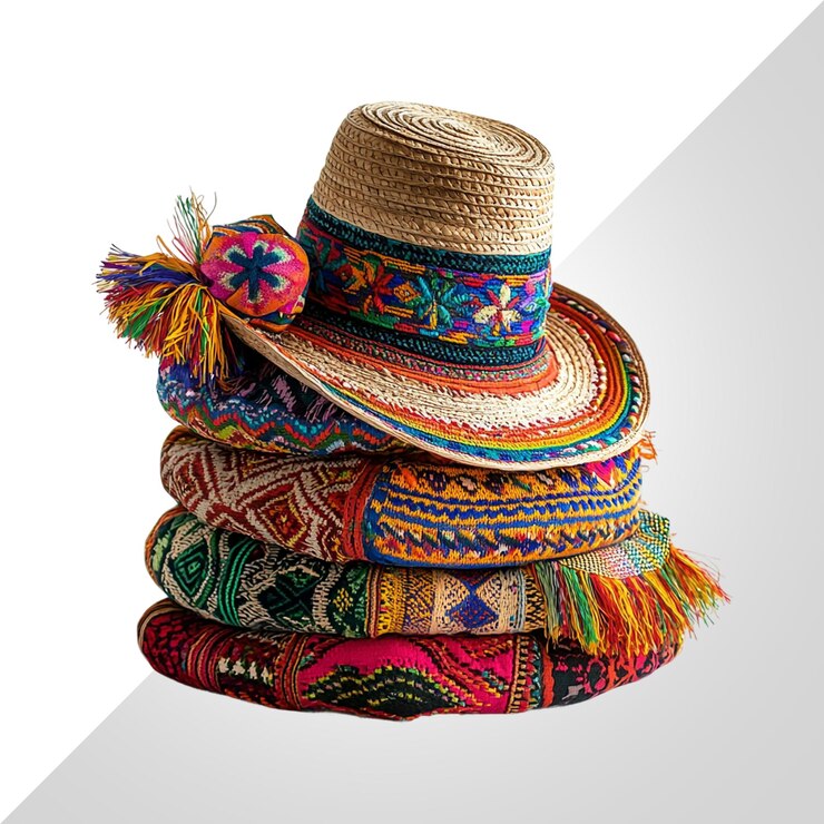 PSD una pila de sombreros tejidos de colores con un sombrero de paja en la parte superior