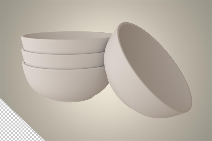 Pila de tazones con un tazón hacia arriba junto a él ligeramente hacia la derecha vista desde arriba Diseño 3d