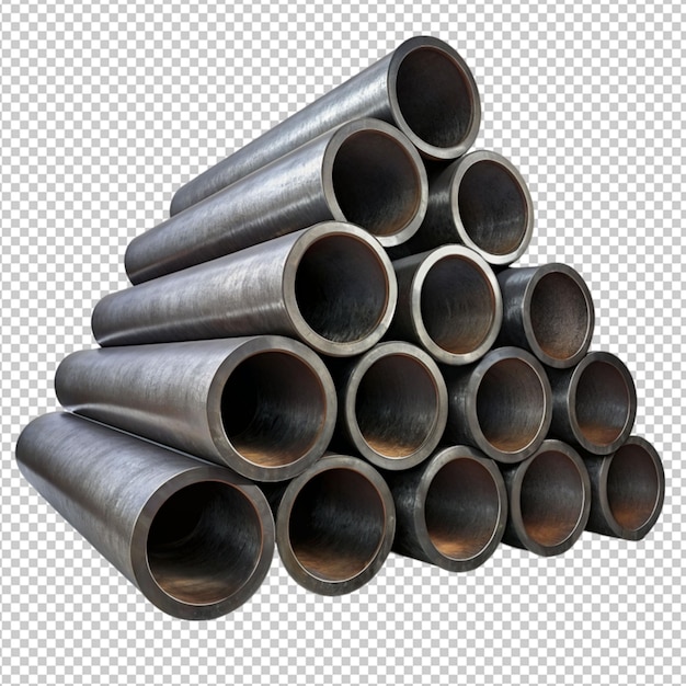 Pila de tubos de acero sobre un fondo transparente