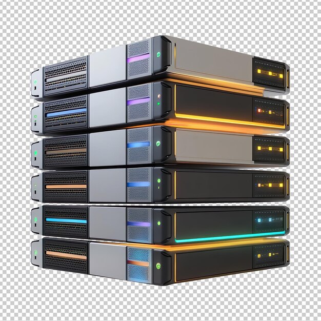 Una pila de unidades de hardware de servidor modernas aisladas en un fondo transparente