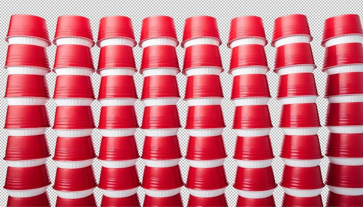 PSD una pila de vasos de plástico rojos en la mesa