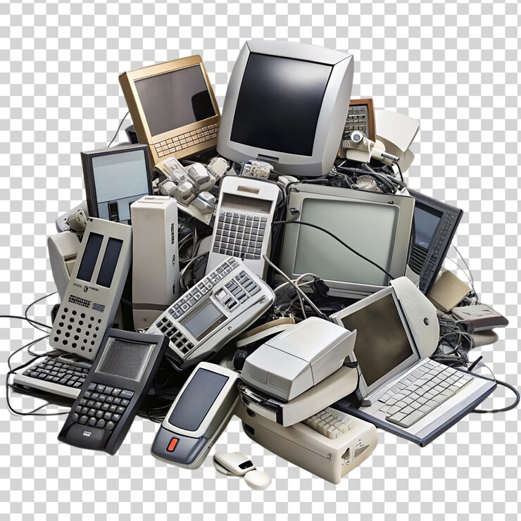 PSD una pila de viejos dispositivos electrónicos aislados sobre un fondo transparente
