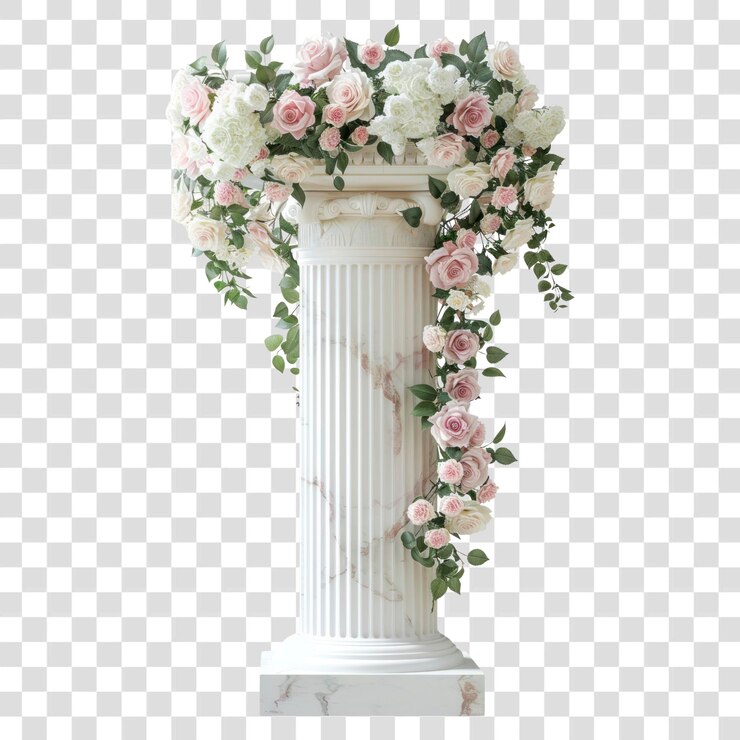 PSD pilares de mármore branco de png decorados com rosas de flores de casamento