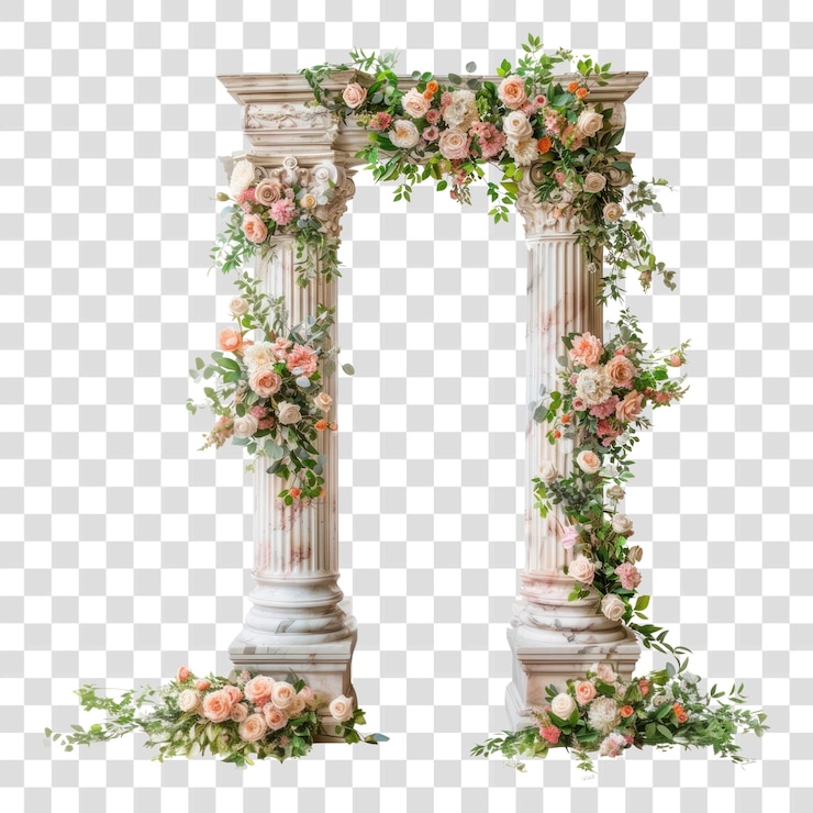 PSD pilares de mármore de png decorados com flores em um arranjo de arquitetura de arco de casamento