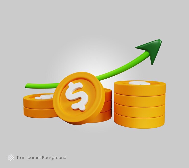 PSD pilas de monedas y éxito financiero de flecha hacia arriba o concepto de ganancias de crecimiento empresarial ilustración de renderizado 3d