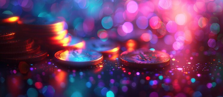 PSD pilas de monedas en un fondo de bokeh de colores
