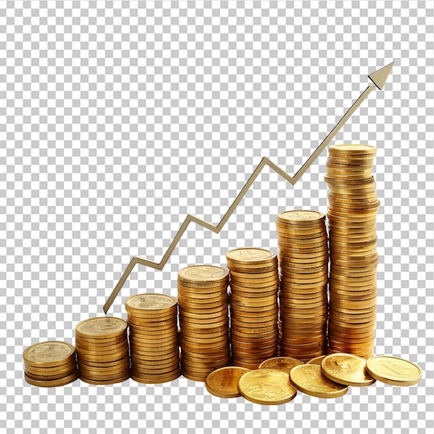 Pilas de monedas de oro con una flecha verde apuntando hacia arriba y las palabras crecimiento de ganancias en la parte superior en un fondo transparente