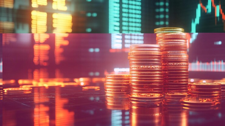 PSD pilas de monedas de oro que se reflejan en una superficie brillante contra un fondo borroso de datos del mercado de valores