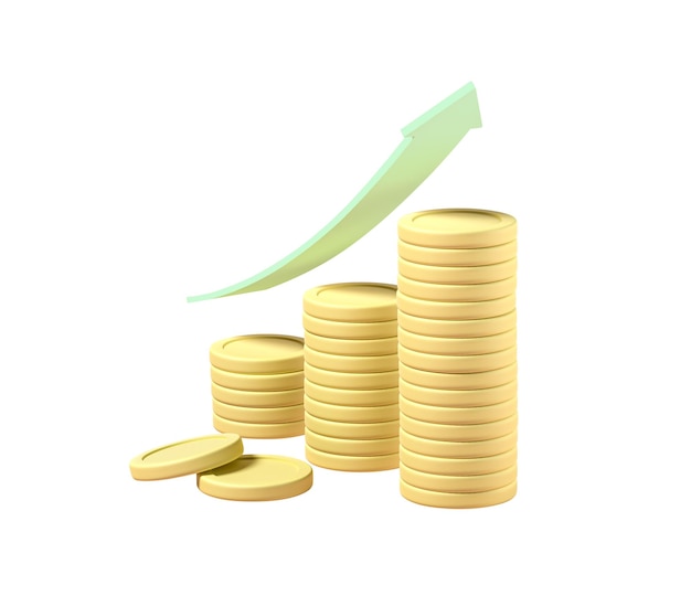 Las pilas de monedas y el signo de flecha Crecimiento en ascenso Concepto de crecimiento financiero Inversión exitosa Antecedentes aislados