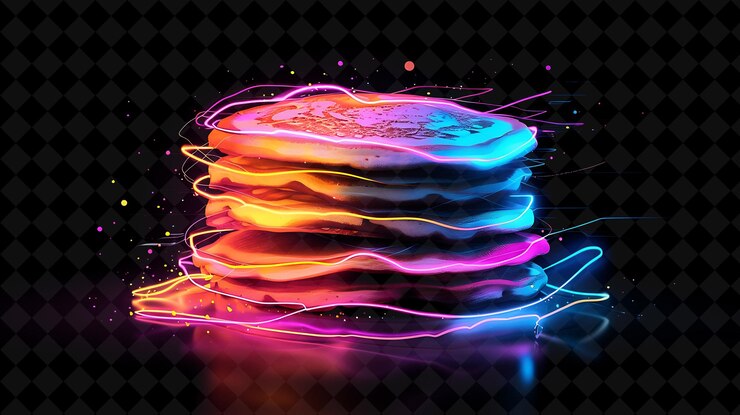 PSD las pilas de panqueques fluorescentes radiantes que giran y giran pan neon color alimentos bebidas colección y2k