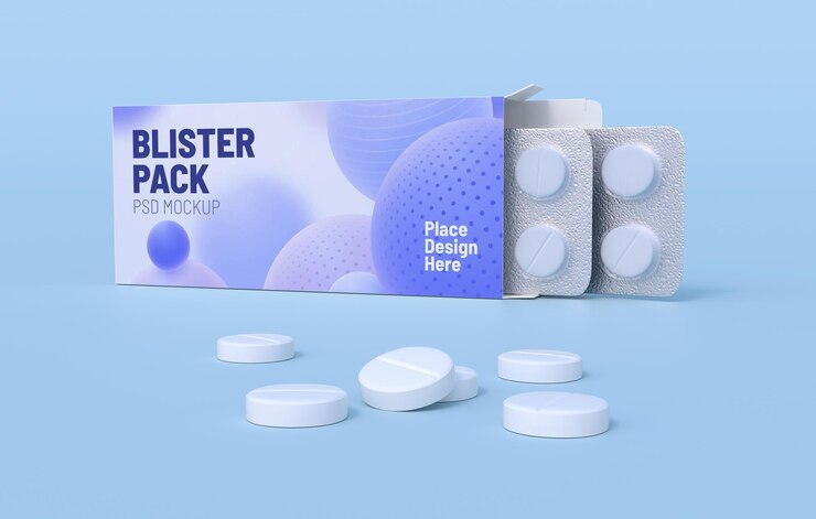 Píldoras blancas en dos blisters en cajas de cartón Plantilla de maqueta Representación 3d