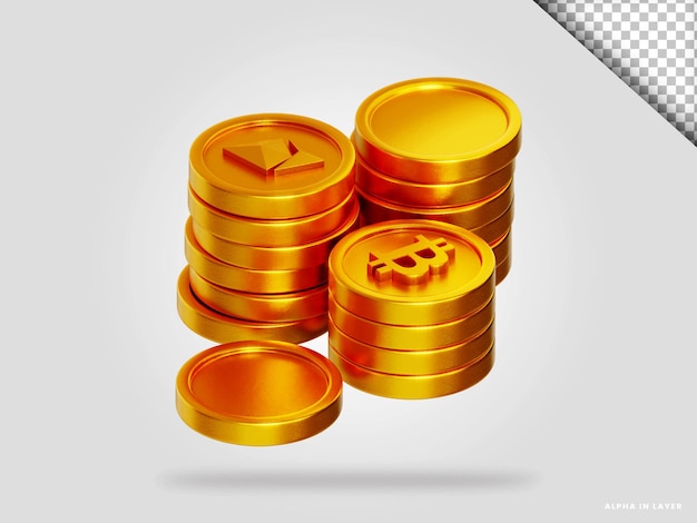 Pile de bitcoin doré et pièce d'éthereum illustration de rendu 3d isolée