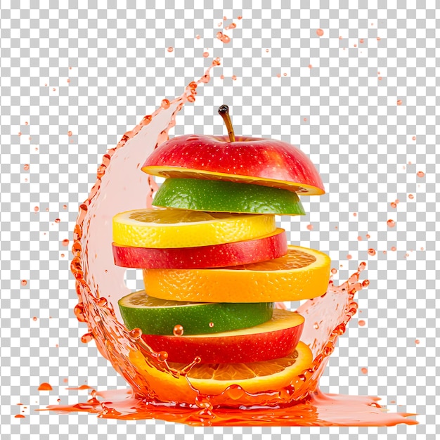 Une pile colorée de tranches de fruits frais avec un peu de jus