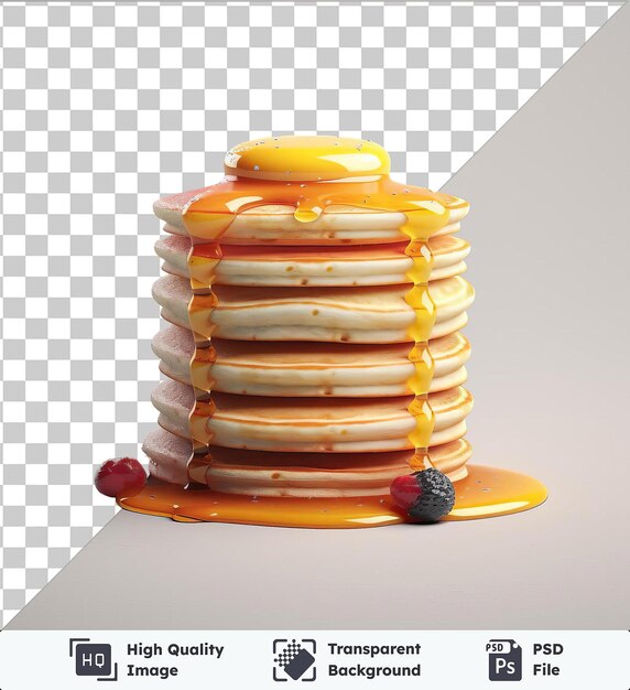 PSD une pile de crêpes psd transparente de haute qualité surmontée d'une framboise rouge et servie sur une assiette orange et jaune avec une ombre noire en arrière-plan