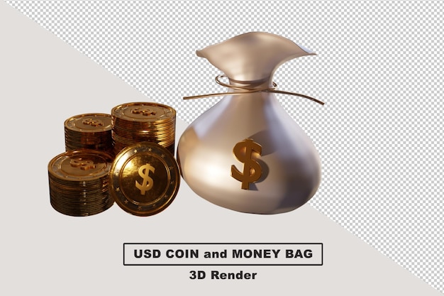 Pile De Golden Usd Coin Et Sac D'argent