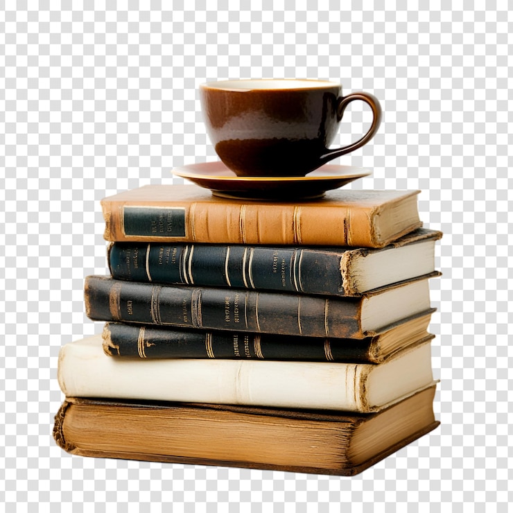 PSD une pile de livres antiques avec une tasse de café sur un fond transparent