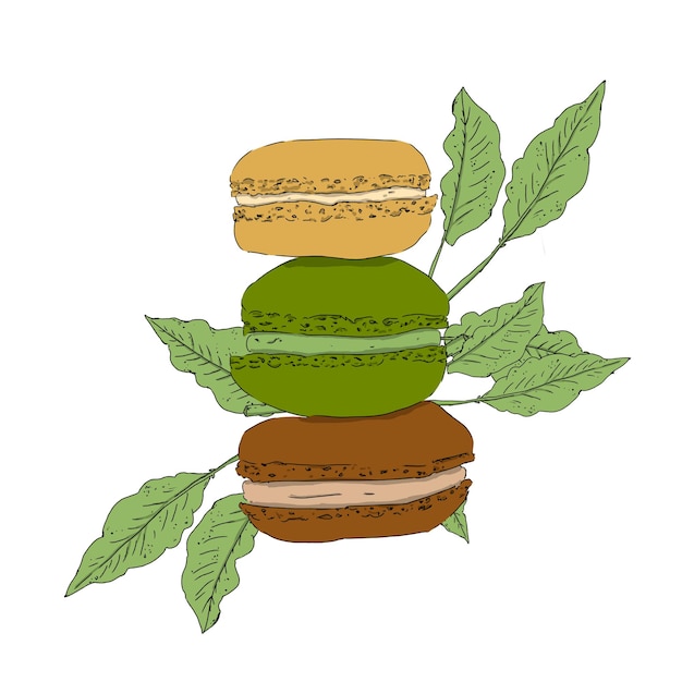 Une pile de macaroons en arrière-plan avec des branches et des feuilles d'illustration de couleur verte raster numérique