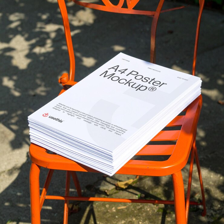 Pile of A4 Poster Mockups on an Orange Chair