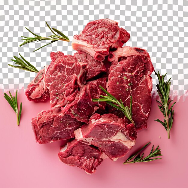 PSD a pile of raw meat with a green sprig of rosemary on it