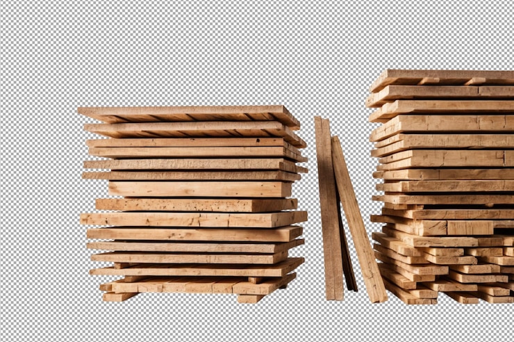 PSD pile of wooden boards and planks ready for use