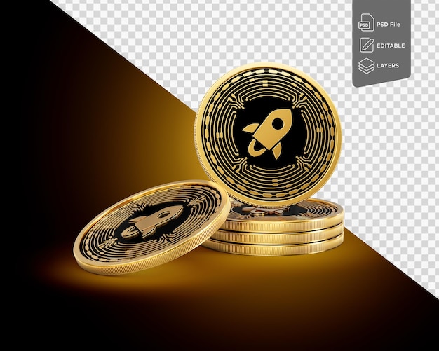 Une pile de pièces d'or de crypto-monnaie de lumens stellaires sur un fond doré brillant Illustration 3D