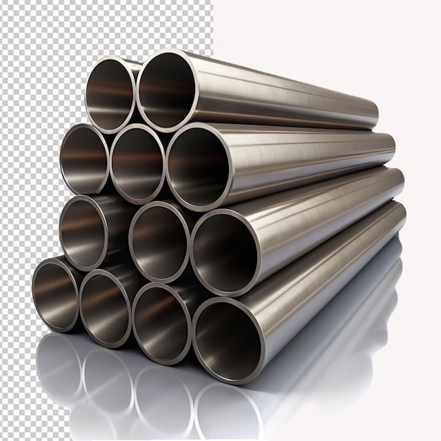 PSD une pile de tubes métalliques qui sont empilés sur une surface blanche